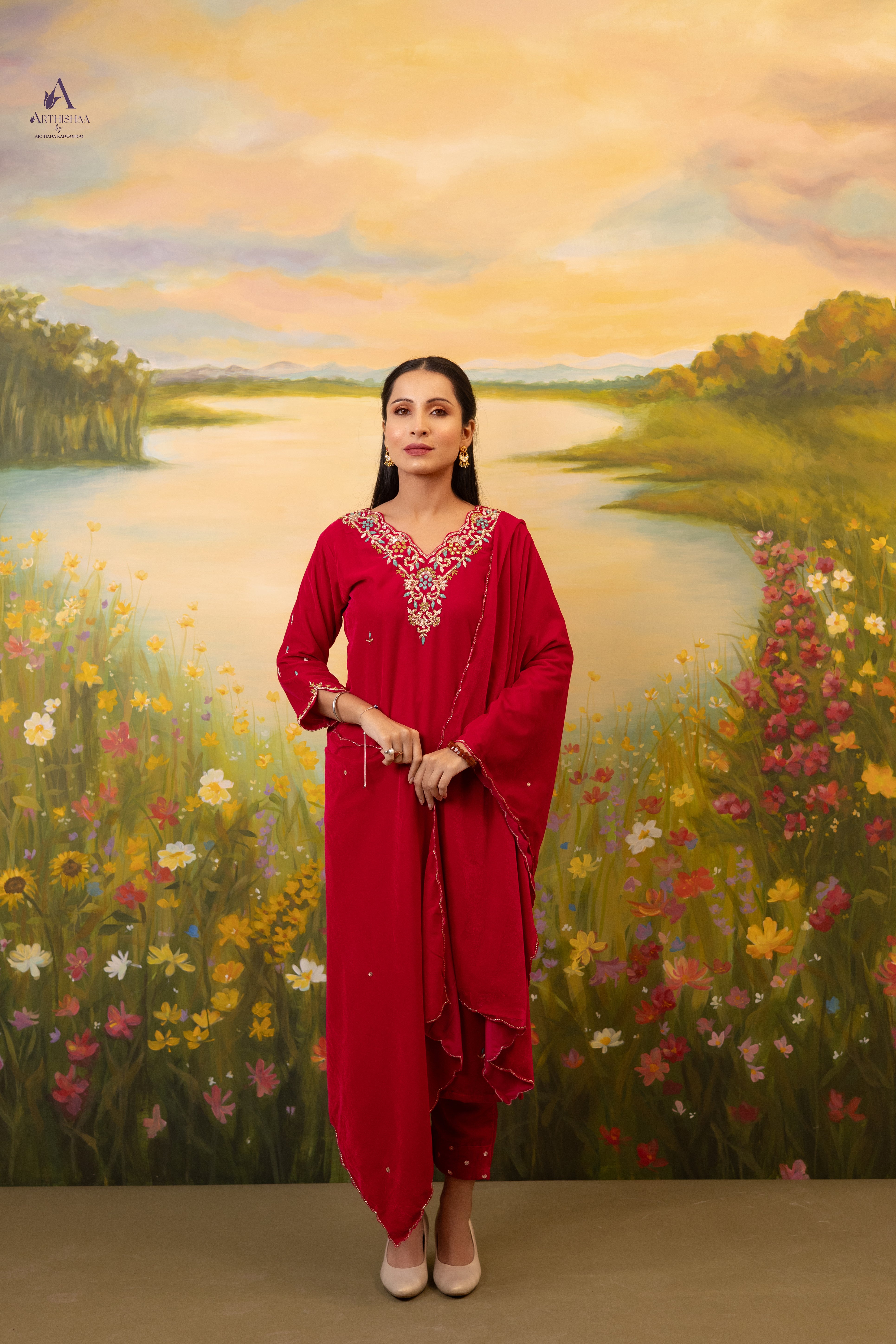 Veloura Crimson Silk Suit Set