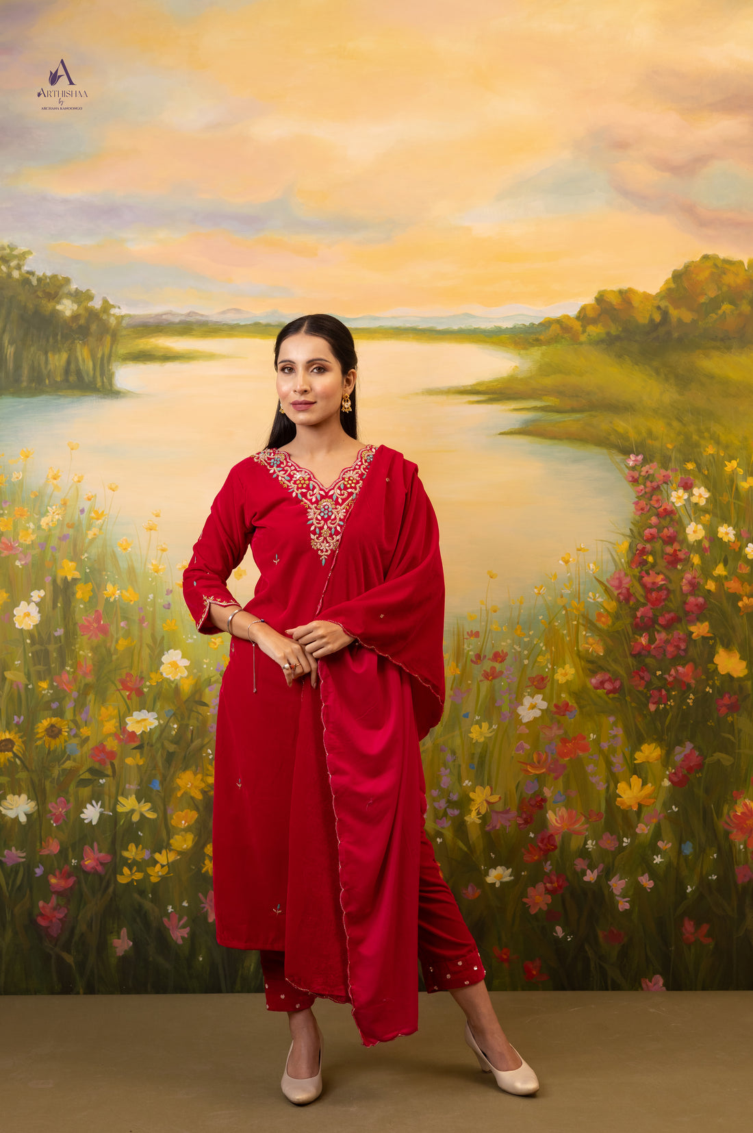Veloura Crimson Silk Suit Set