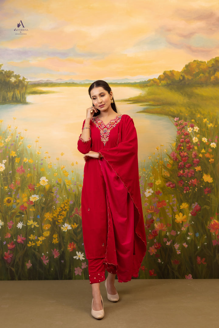 Veloura Crimson Silk Suit Set