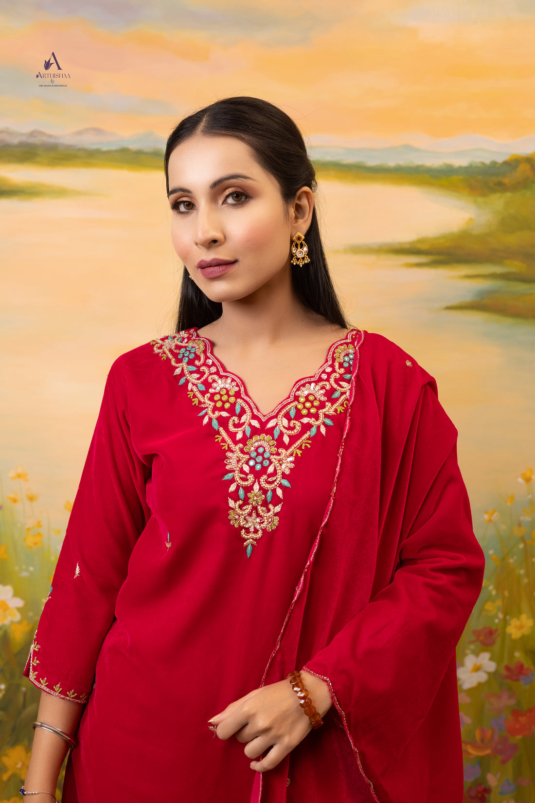 Veloura Crimson Silk Suit Set